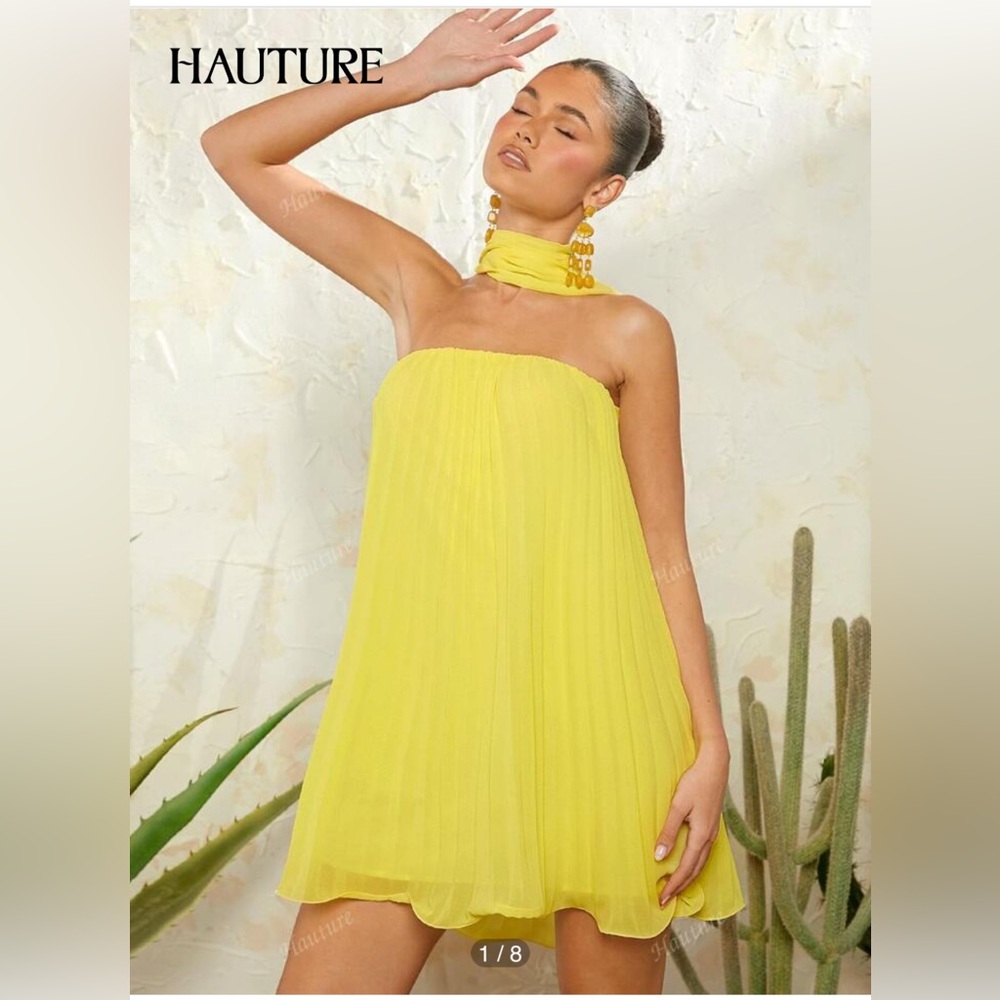 Women's Yellow Strapless Dress by Hauture